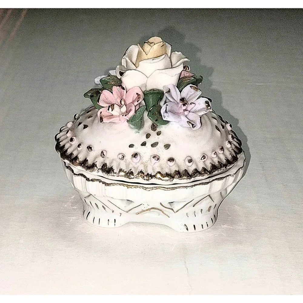 Porcelain Floral Gold Accent Trinket Dish Vintage